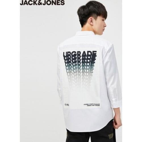 JackJones Mens 100% Cotton Letter Printed Cargo Pocket Turn-down Collar 3/4 Sleeves Shirt| 220331508