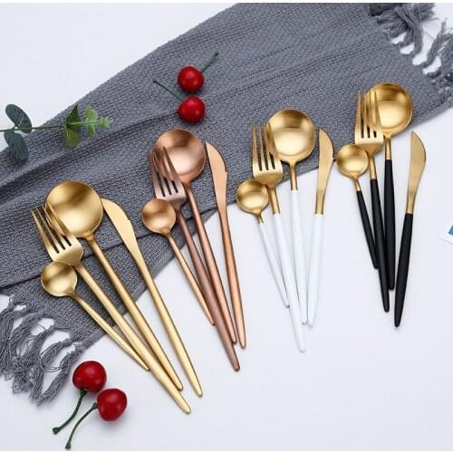 New 24pcs/set Dinnerware Set 18/10 Stainless Steel Black Cutlery Set Forks Spoons Knives Set Tableware Gold Plate Dropshipping