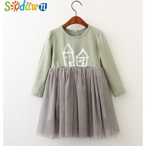 So dawn Autumn New Girls Clothes Cartoon Pattern Net Yarn Splicing Dress For Children Clohting Girls Princess Dress