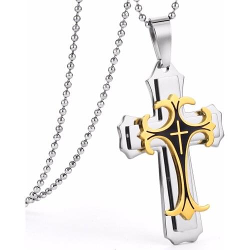 Stainless Steel Pendant Necklaces 3-Tone Fleur-de-lis Cross Chain Necklace Jewelry for Men Wholesale Drop Shipping NZ010