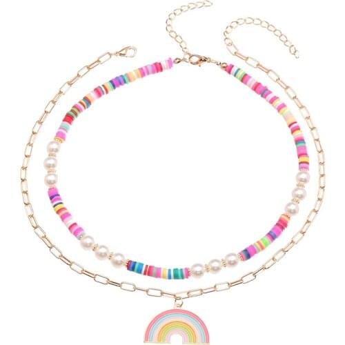 Alloy Rainbow Pendant Necklace for Women Soft Ceramic Imitation Pearls Clavicle Chain Necklaces Female 2021 Fashion Jewelry New