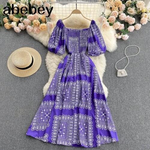 Women Retro Print Dress Square Collar Puff Sleeve Casual A-line Dress Summer Elastic Ruched Streetwear Midi Long Dress