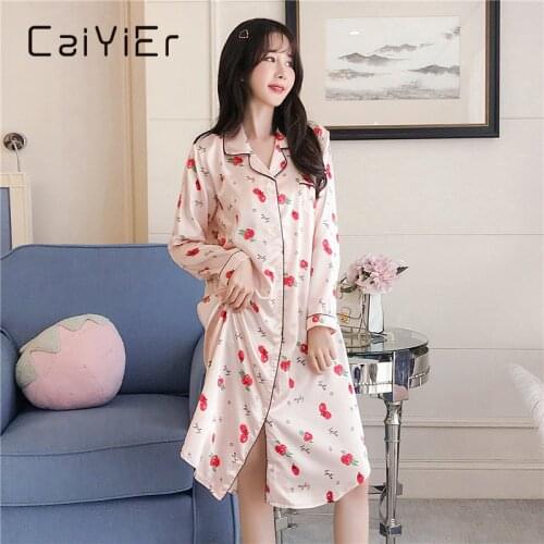 CAIYIER Sexy Silk Night Dress Winter Women Long Sleeve Sleepwear Flower Print Lingerie Sleepshirt Large Size Home Dress M-3XL