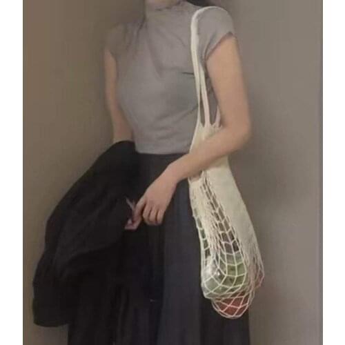 2Pcs Portable Reusable Mesh Cotton Net String Bag Organizer Shopping Tote Handbag Fruit Storage Shopper NEW (black,beige)