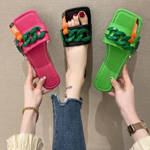 2021 Summer Candy Color Women Flat Heels Slippers Design Green Chain Woman Slipper Open Toe Squared Toes Ladies Fashion Shoes