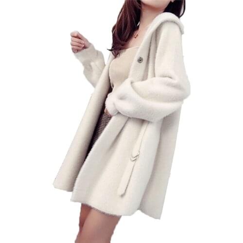 Knit Womens Cardigan Sweater Coat 2019 Style Autumn Long Coat Hooded Imitation Mink fur Loose Sweater Coat Solid Female thick