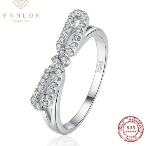 YANLOK 925 Sterling Silver Bow of Ribbon Finger Rings for Women Vintage Stackable CZ Bow-Knot Rings Band Silver Fine Jewelry