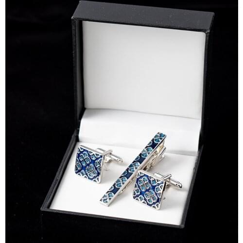 Mens French Shirt Cufflinks and Tie Clip Set with Box Blue Clover Pattern Enamel Cuff Link Tie Pins Wedding Christmas Gifts