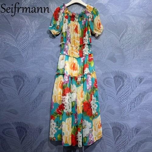 Seifrmann New 2021 Summer Women Fashion Designer Party Long Dress Sexy Slash neck Elastic Waist Floral Print Ladies A-Line Dress