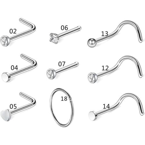 20G 5Pcs/9Pcs/21Pcs Nose Studs Surgical Steel Nostril Studs Screws Nose Ring Hoop Body Piercing Silver Color Heart Nose Stud