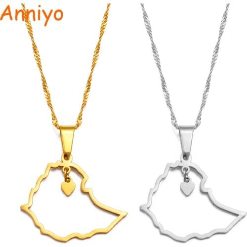 Anniyo Heart Ethiopian Map Pendant Necklaces for Women Girl,Silver Color/Gold Color Map Jewelry #235221
