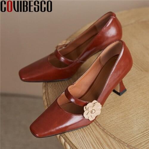 COVIBESCO Retro Elegant Flower Women Pumps High Heels Square Toe Spring Summer Mary Janes Genuine Leather Office Shoes Woman New