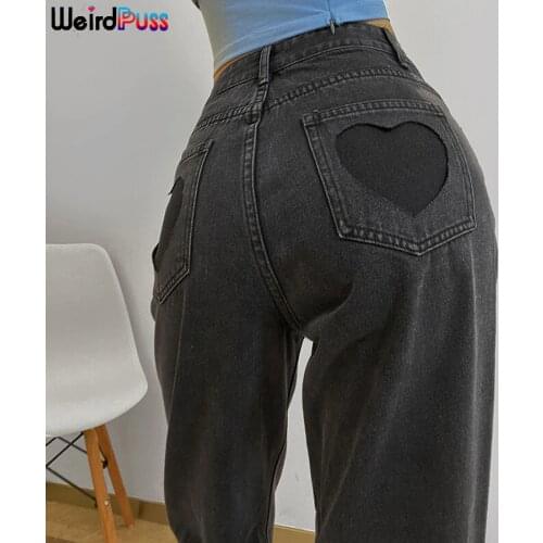 Weird Puss Women Chic Heart Shaped Y2K High Waist Gradient Jeans baggy Harajuku Straight pants Vintage Denim Streetwear Trousers
