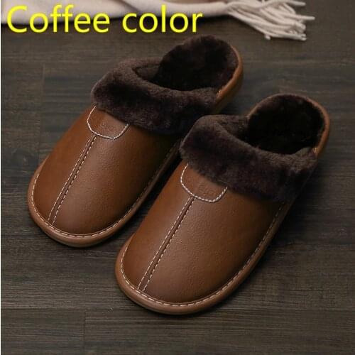 FONGIMIC Men Slippers New Winter PU Leather Slippers Warm Indoor Slipper Waterproof Home House Shoes Men Warm Leather Slippers
