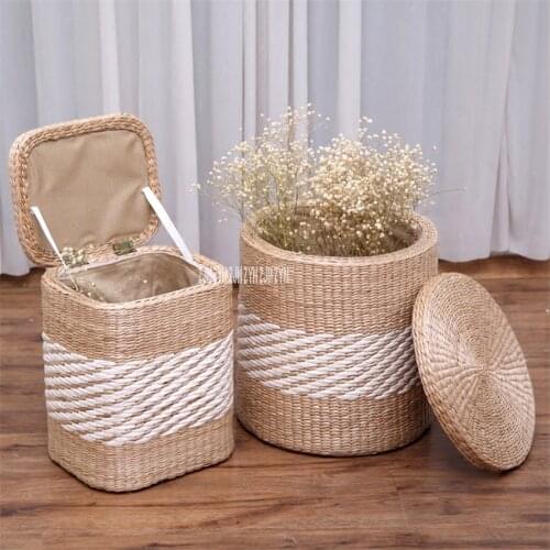 Round Corners Rattan Change Shoes Stool Sorting Box Rattan Storage Low Stool Hand Knitting Straw Straw Footstool With Cover