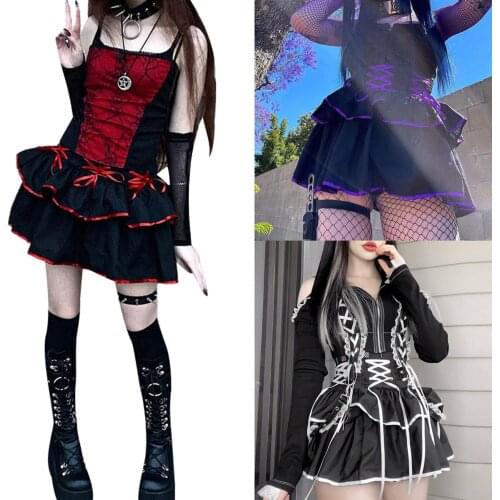 Fashion Lolita short skirt, new lovely womens flounced mini skirt, Gothic high waist color block cross lace up short skirt