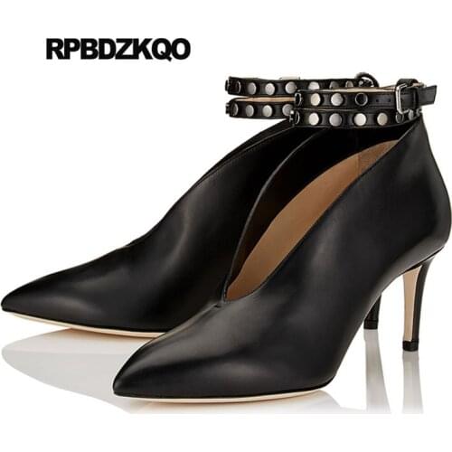 Shoes Wine Red Metal Ankle Strap Winkle Picker Navy Blue Pumps Italian Rivet Brand High Heels Scarpin Pointed Toe Size 4 34 Stud