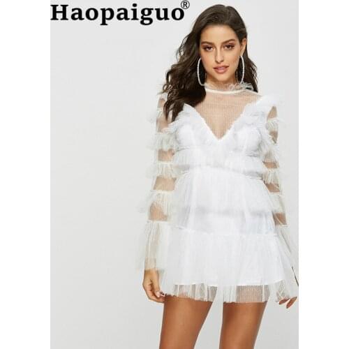 2019 Autumn Mesh Patchwork White Dress Women Long Sleeve Perspective Ladies Dresses Backless Cake Style Mini Sexy Dress Women