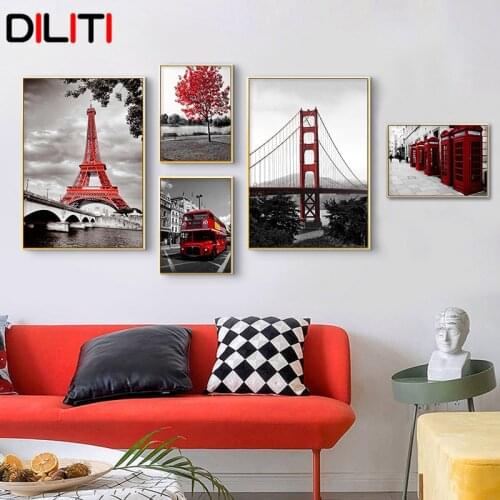 Red Black White Paris Cityscape Poster Print Touris Bus Telephone Booth Canvas Painting Decoration Home Wall Art Picture