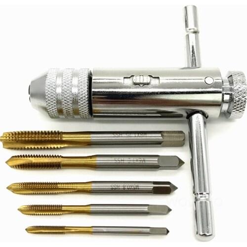 Adjustable M3-M8 3mm-8mm HSS T-Handle Reversible Ratchet Wrench Tapping Threading Tool with Gold Hand Screw Tap