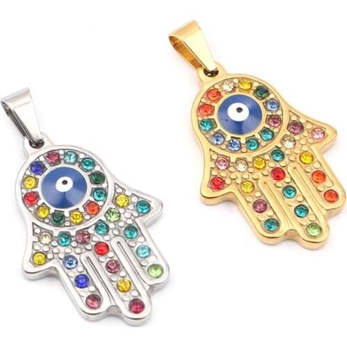 304 Stainless Steel Religious Evil Eye Pendants Hamsa Symbol Hand Gold Color Enamel Multicolor Rhinestone For DIY Jewelry, 1 PC