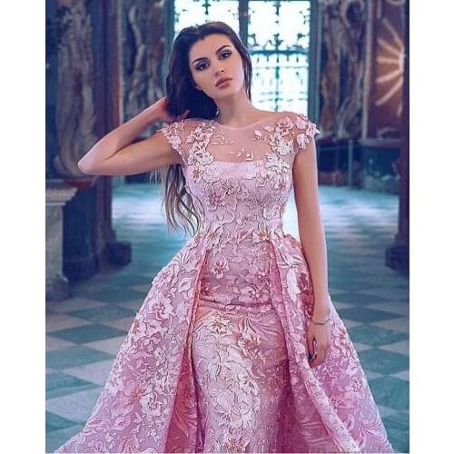 Luxury Pink Mermaid Prom Dresses With Detachable Train Lace Appliqued Formal Evening Gowns Lebanon Charming Prom Party Dress