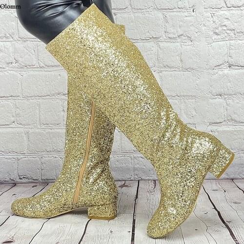 Olomm Handmade Women Winter Glitter Knee Boots Unisex Chunky Heels Round Toe Gold Black Silver Fuchsia Party Shoes US Size 5-20