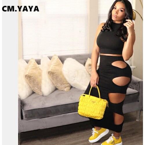 CM.YAYA Cut Out Hole Midi Maxi Skirts Womens Set Summer Sexy Beach Crop Tops Matching Two 2 Piece Set Outfits