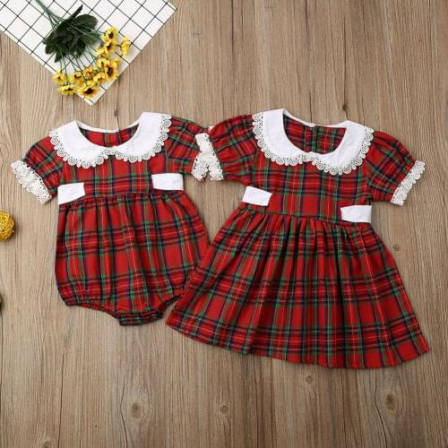 US Christmas Xmas Clothes Toddler Baby Girl Sister Romper /Christmas Dress Plaid Cotton Outfit Clothes