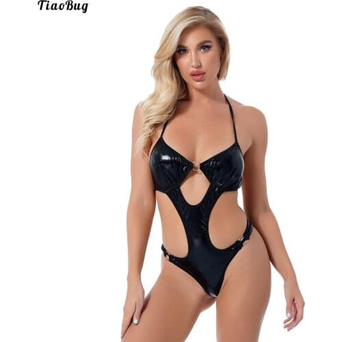 TiaoBug Women Halter Lace-Up Cutout Patent Leather Swimming Bodysuit Nightwear Wet Look One-Piece Swimsuit Swimwear Bikini