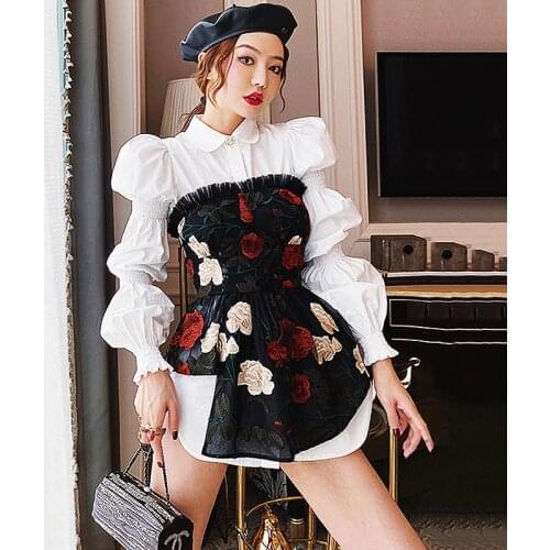 Vintage Clothing Sets Chic High Quality Mesh Embroidery Tube Tops High Fashion Blouse Women Clothes Slim White Shirts SL211