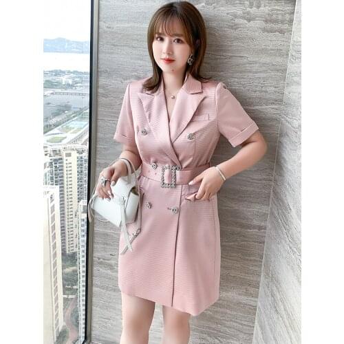 High quality Suit collar double breasted dress with diamond square buckle belt 2021 summer new