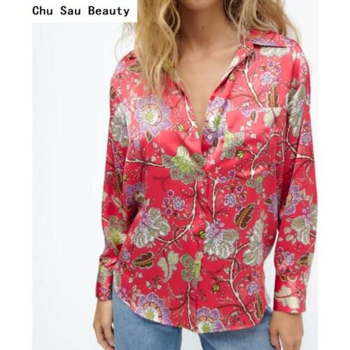 Chu Sau Beauty 2021 New Womens Red Flower Print Drape Shirt Spring/autumn Fashion Single-Breasted Long-Sleeved Loose Top