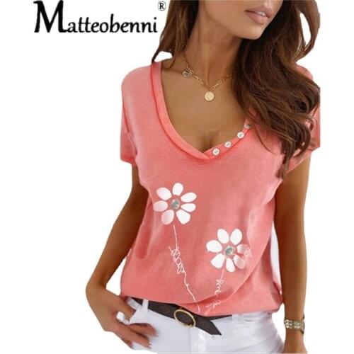 Summer Womens Loose Casual Tops Solid Color Printing V-Neck Short-Sleeved T-Shirt for Women Fashion Cotton Plus Size Clothing