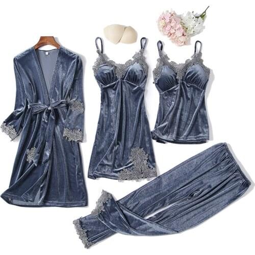 Gray Women Velvet 4PC Sleep Set Robe Home Clothes Sexy V-Neck Pajamas Suit Sleepwear Long Sleeve Soft Pijamas Velour Nightwear