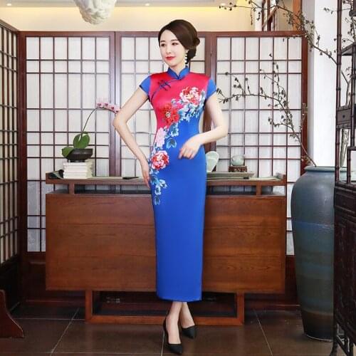 New Satin Cheongsam Long Chinese Printed Slim Plus Size WomenS Dress Performance Chinese Women Dress Cheongsam Sexy Qipao