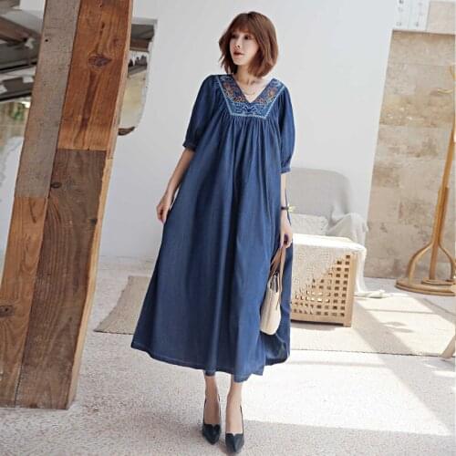 Autumn Womens Denim Dress 2020 Vintage Girls Loose V neck Dress SN2256 Female Woman Embroidery Dresses V-Neck Vestidos