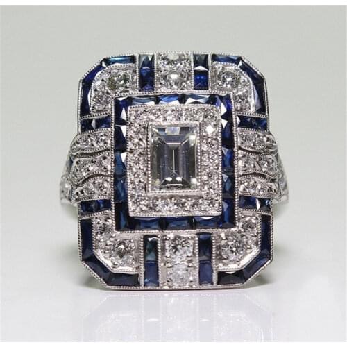 Retro Square Shape Rings for Women White Blue Zircon Ring Bride Classic Wedding Engagement Jewelry Full Drill Ring Love Gifts