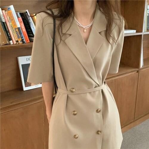 2021 New Women Summer Short Blazer Dress Sashes Double Breasted Thin Mini Dresses Elegant Sundress