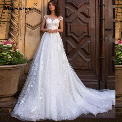 Custom Made O-Neck Cap Sleeve Button Wedding Dress for Women Elegant Embroidery Appliques Tulle Chapel Train Bridal Ball Gown