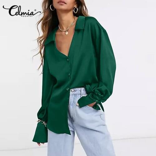 2021 Fashion Women Satin Shirts Celmia Autumn Elegant Office Long Sleeve Solid Tops Casual Ladies Lapel Collar Button Blouses