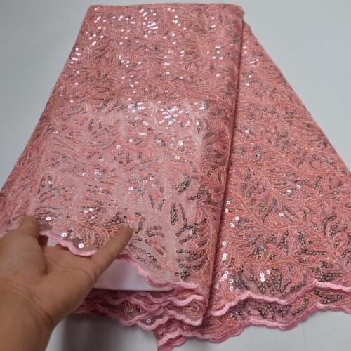 5yards/pc) high quality African French net lace fabric peach pink tulle lace with shining sequins embroidery for party FLP248