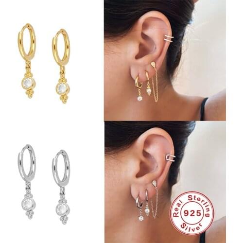 GS 925 Sterling Silver Clear Zircon Pendant Drop Earring Pendiente For Women Fashion Luxury Crystal Circle Earring Jewelry