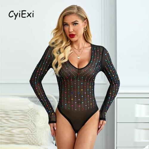 CyiExi Black Mesh Women Bodysuit with Iridescent Rhinestone V-neck Sheer Sexy Long Sleeve Bodysuits Romper See Through Body Tops