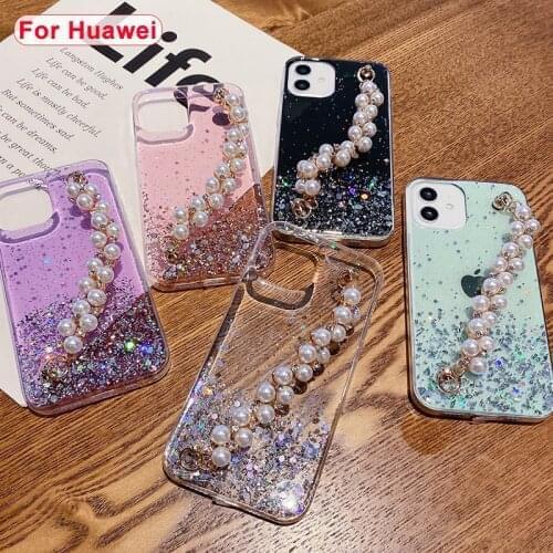 Gradient Glitter Sequins Pearl Chain Wrist Phone Case For Huawei P50 P40 P30 Pro Mate 40 Pro Plus Nova 8 7 Pro Hand Strap Cover