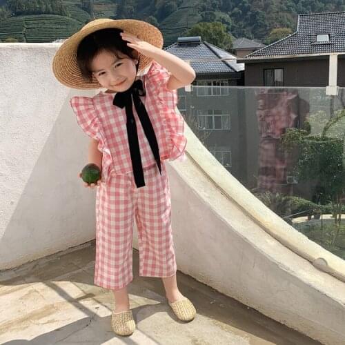 Summer Toddler Girls Clothing Sets Casual Korean Plaid Ruffled T-shirt Pants 2pcs 2 3 4 5 6 Years Kids Clothing 2020 New Arrival