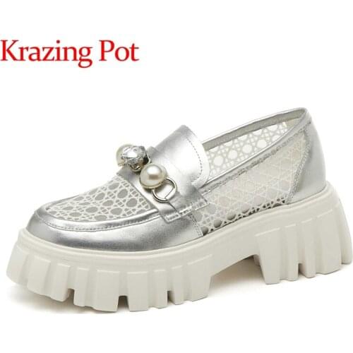 Krazing Pot cow leather round toe high heels pearl beading metal net yarn classic British school thick bottom women sandals L10