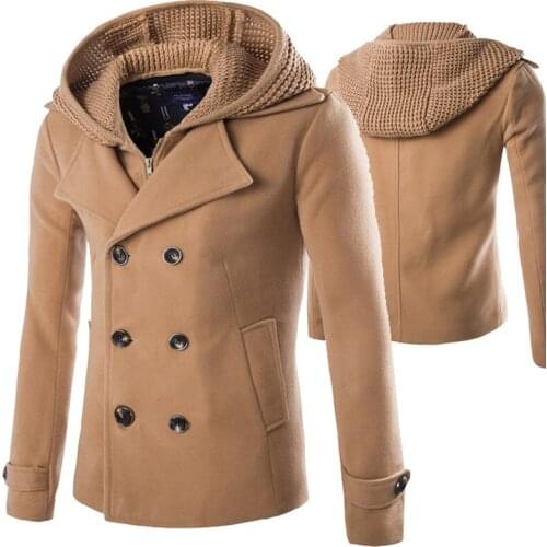 Mens Windbreaker Autumn and Winter New Clothes = Trendy Stitching Detachable Wool Hat Short Woolen Coat Mens Casual Jacket