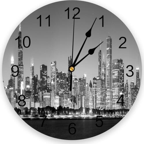 Night Panorama City Chicago Wall Clocks Home Decoration Silent Round Wall Watches for Home Living Room Kitchen Wall Decor