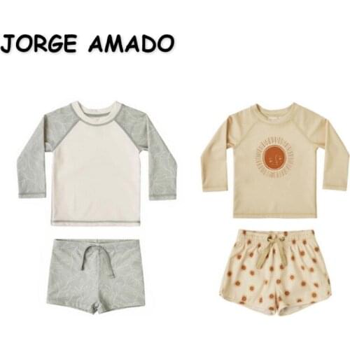 2021 New Summer Baby Boys Swimwear 2-pcs Sets Cartoon Sun Long Sleeves Swimsuit Children Clothes for 1-6 Years E1000